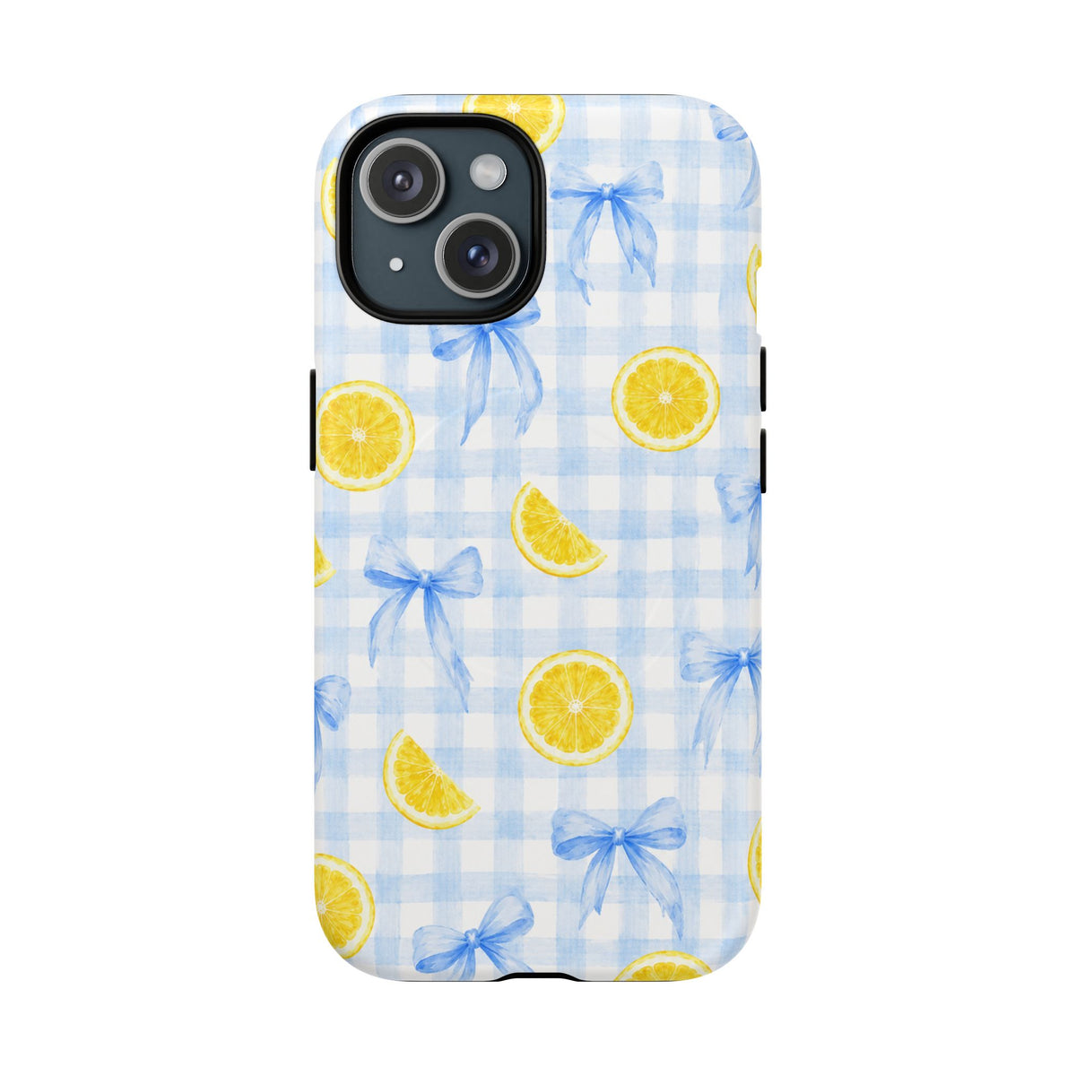 Lemon and Blue Bows phone case shown from the back with blue gingham, yellow citrus slices and a two-camera opening.