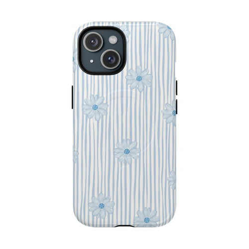 Rear view of the Blue Ditsy Floral phone case, with blue striped daisies and a two-camera opening.