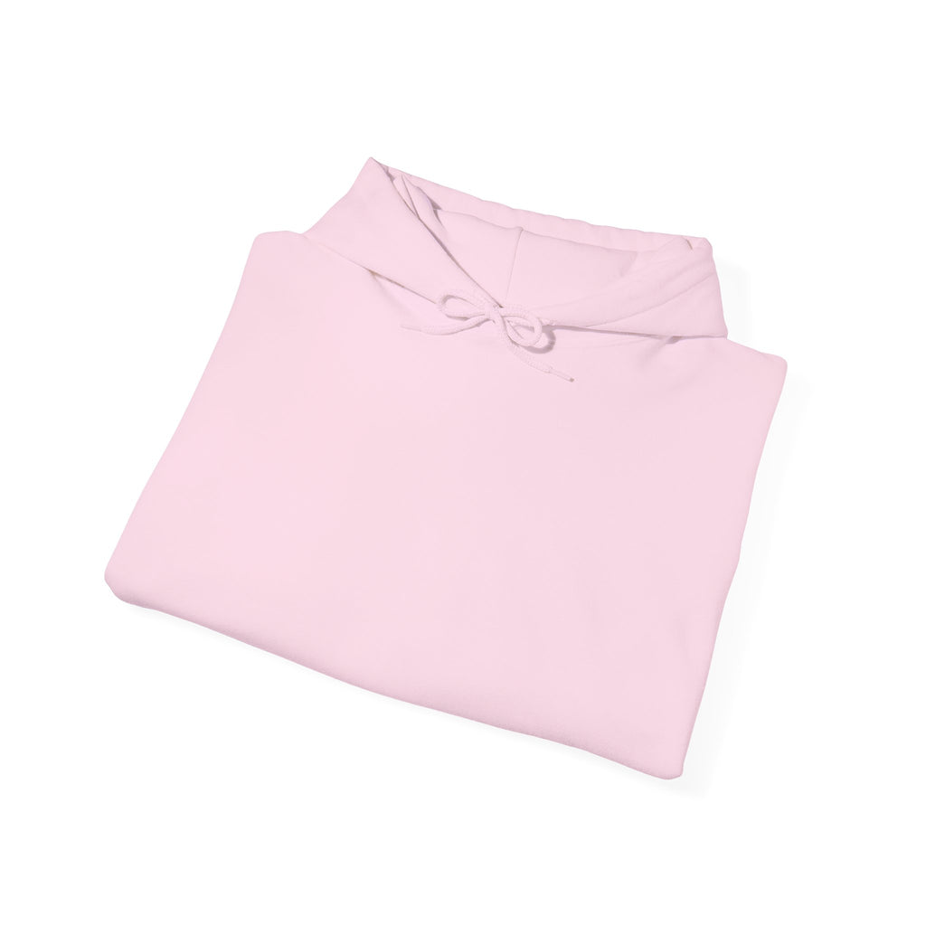 Folded light pink hoodie showing the front and drawstrings