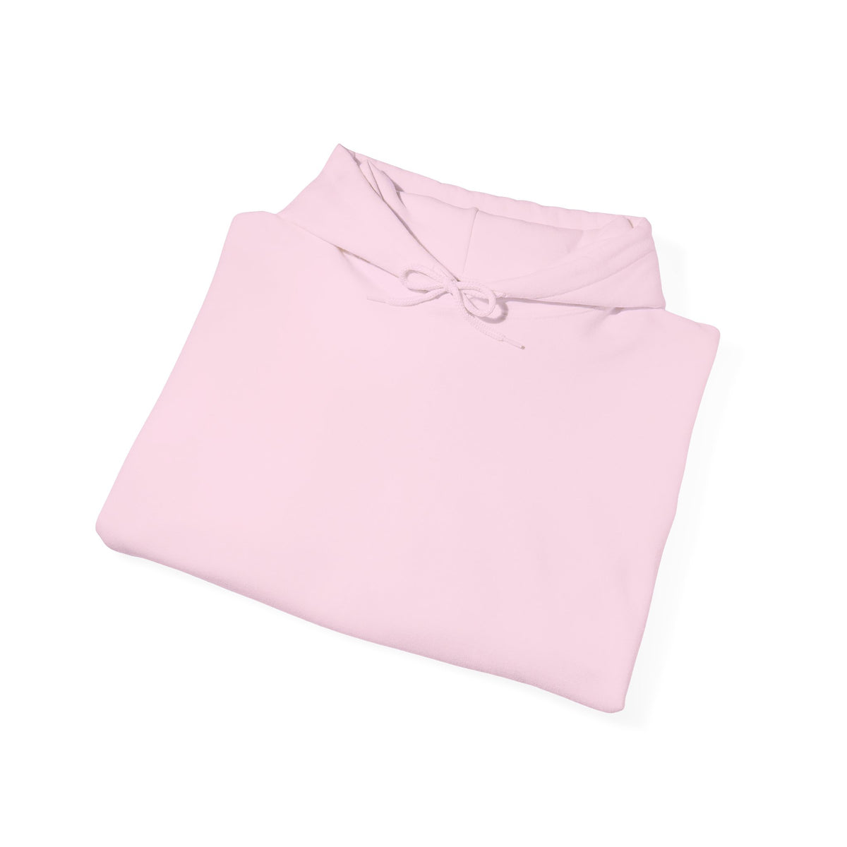 Folded light pink hoodie showing the front and drawstrings
