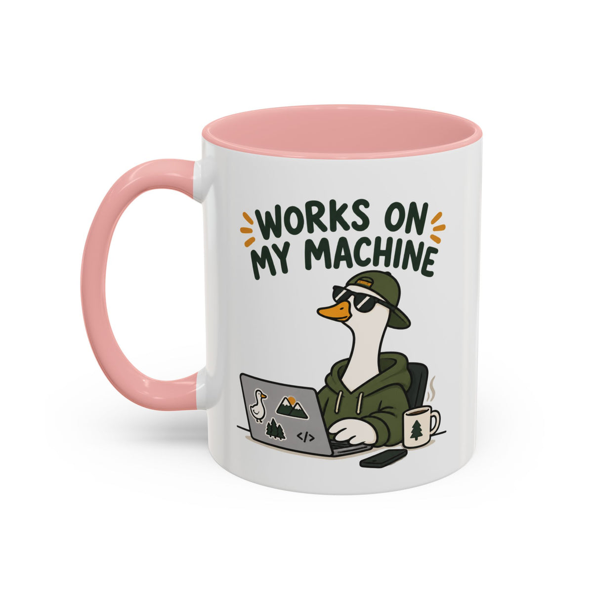 Front view of the pink Works on My Machine goose mug