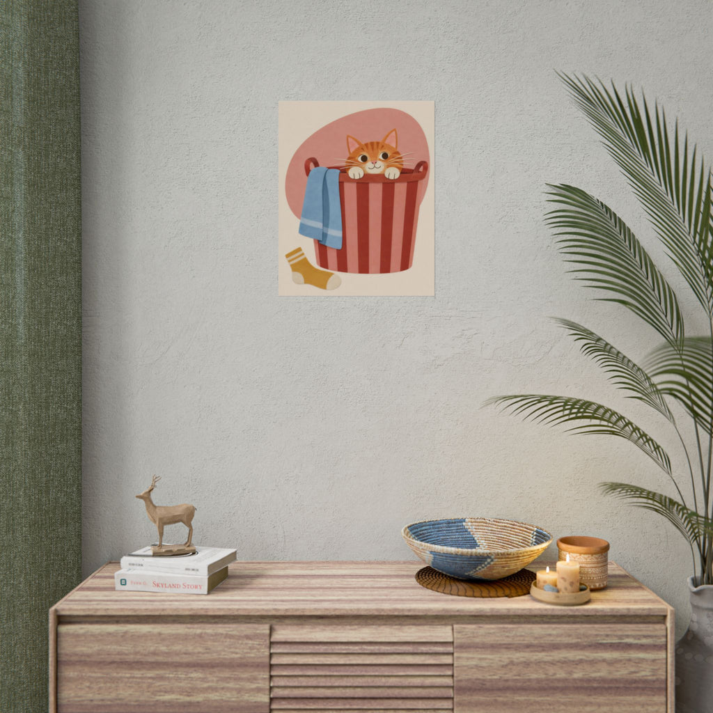 Laundry Day art print by Cozy Prints UK: ginger cat peeking from a striped laundry basket with a blue towel.