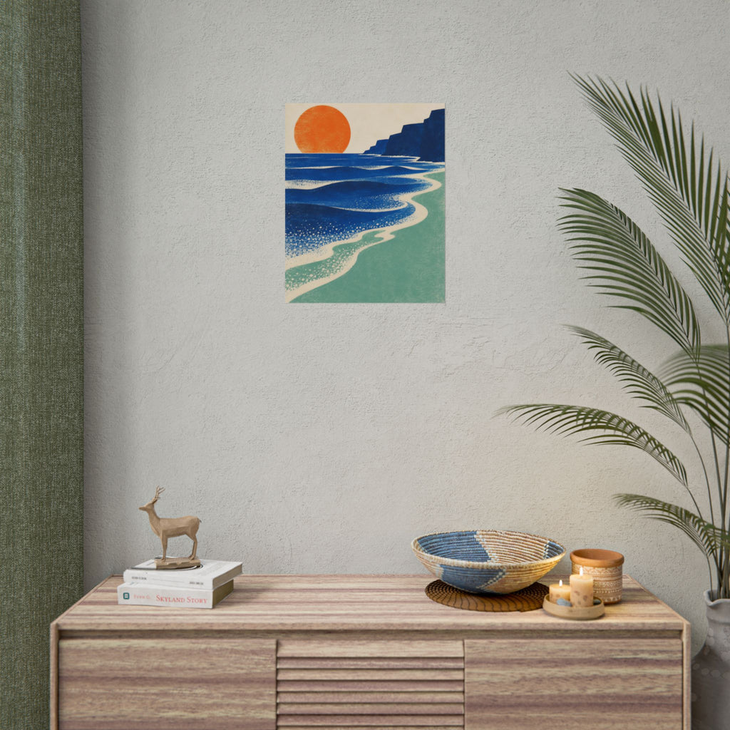 Sea Level art print by Cozy Prints UK: blue coastal sea bands, seafoam shore, dark cliff and orange sun.
