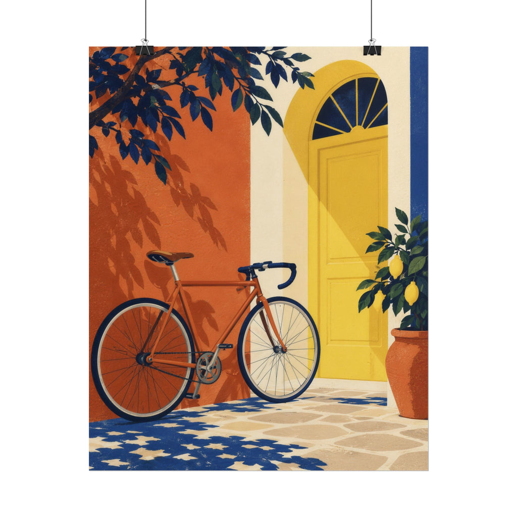 Pedal & Pause art print by Cozy Prints UK: bicycle beside a yellow doorway, terracotta wall and leafy plants.