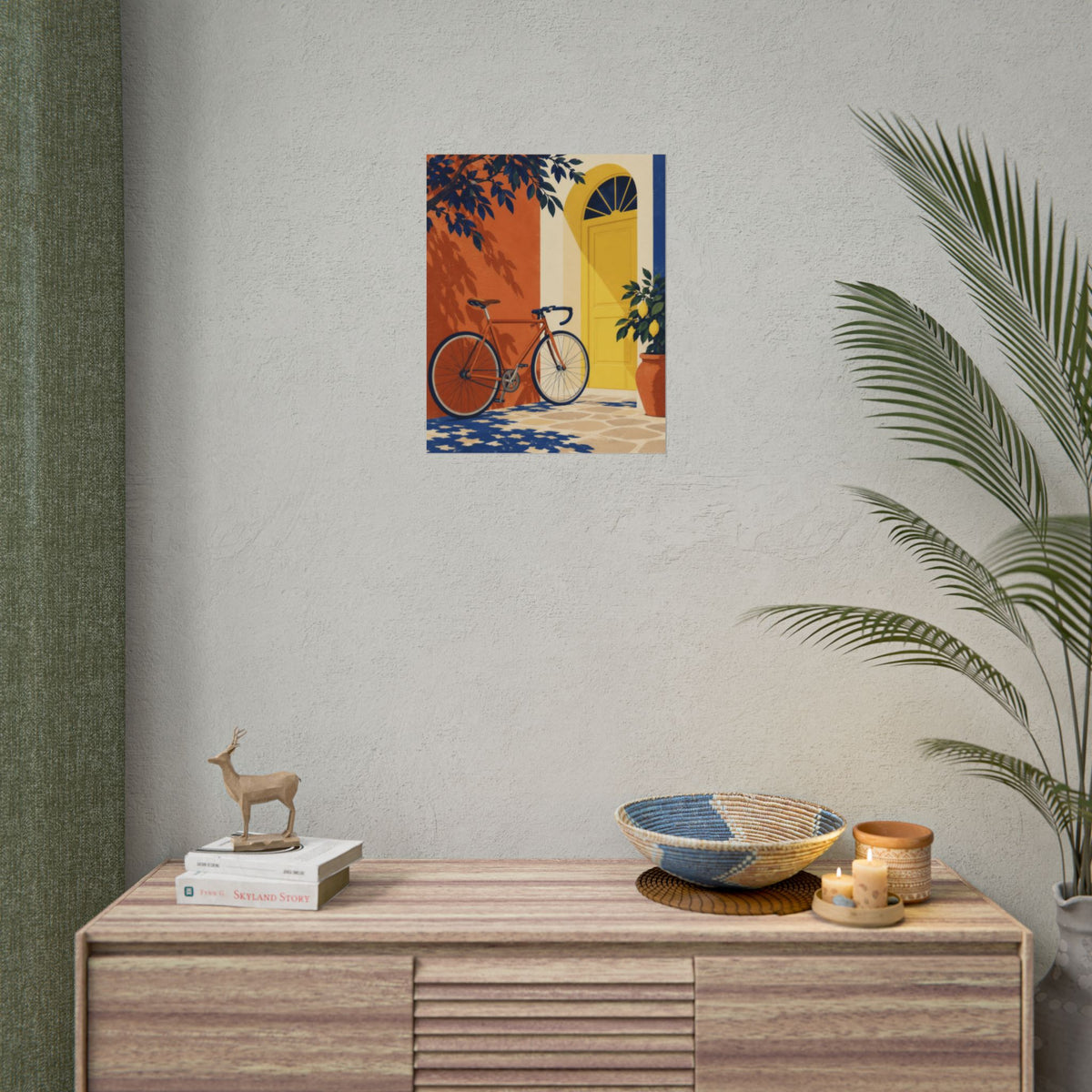Pedal & Pause art print by Cozy Prints UK: bicycle beside a yellow doorway, terracotta wall and leafy plants.