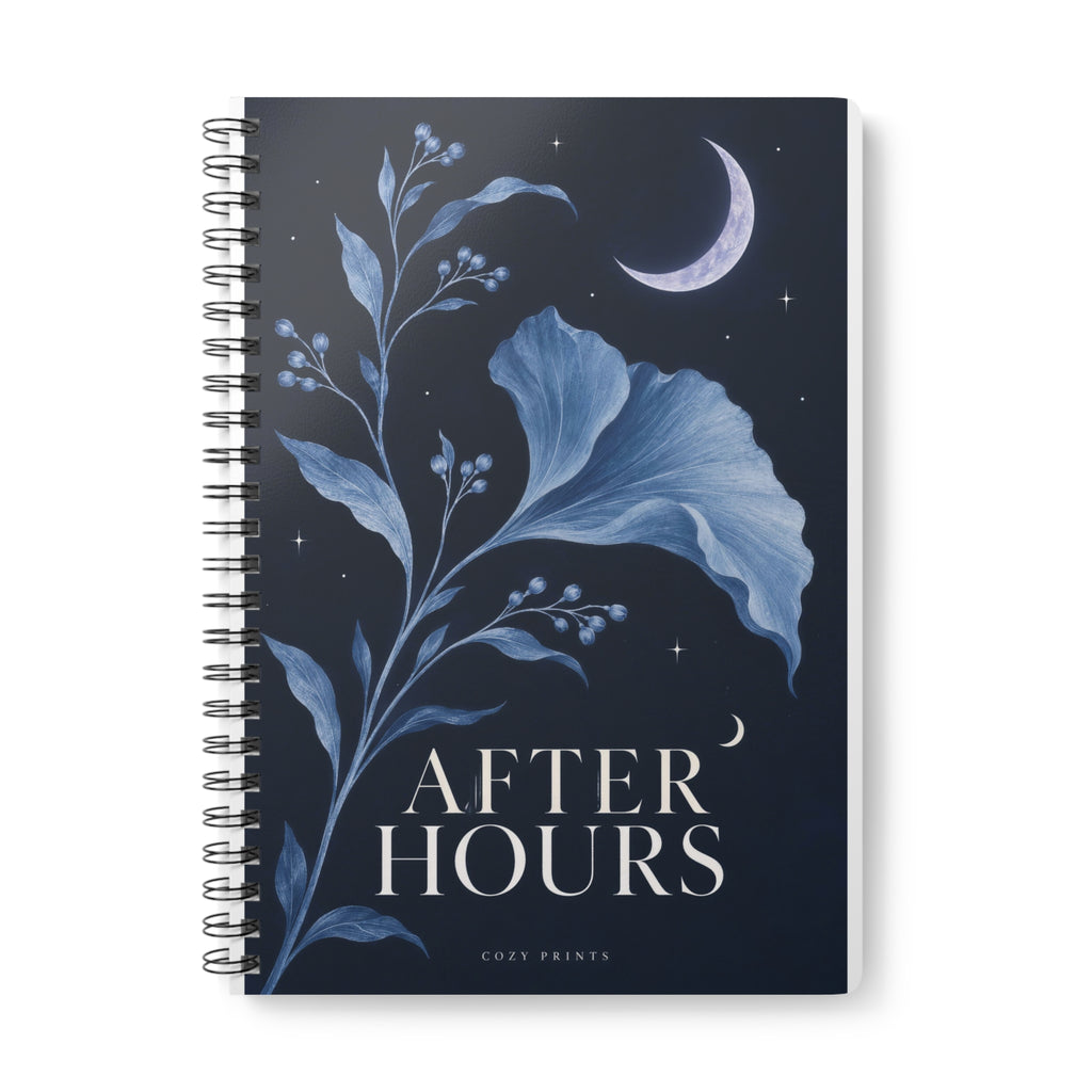After Hours A5 notebook by Cozy Prints UK: navy moon-and-botanical cover with “AFTER HOURS” lettering.