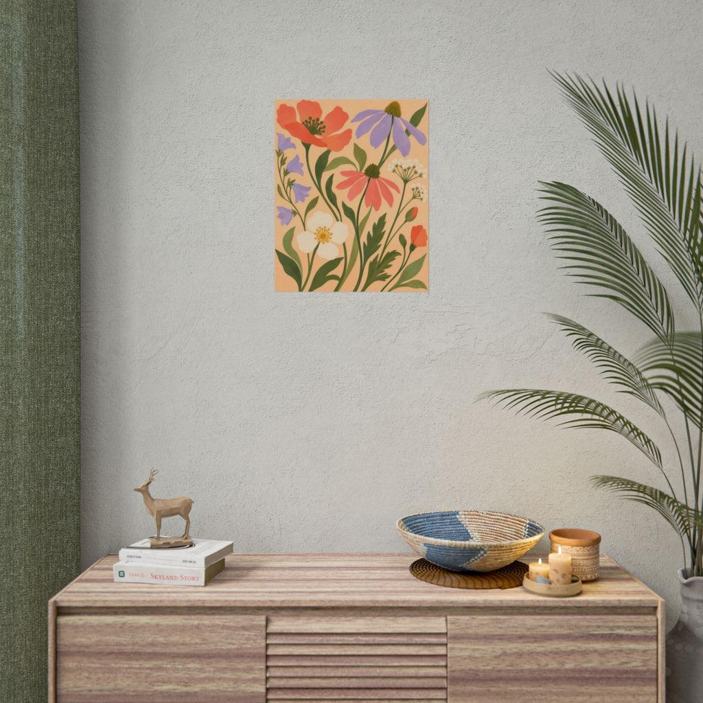Pocket Meadow art print by Cozy Prints UK: coral and lilac wildflowers with green stems on an apricot background.