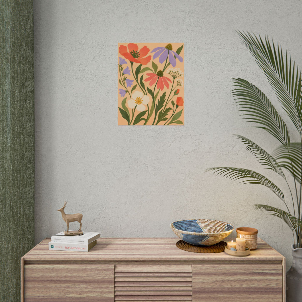 Pocket Meadow art print by Cozy Prints UK: coral and lilac wildflowers with green stems on an apricot background.