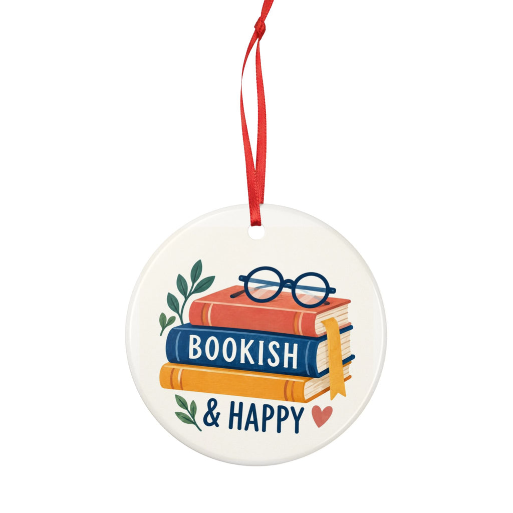 Round ceramic hanging ornament showing colourful book stack, blue reading glasses and Bookish & Happy lettering.