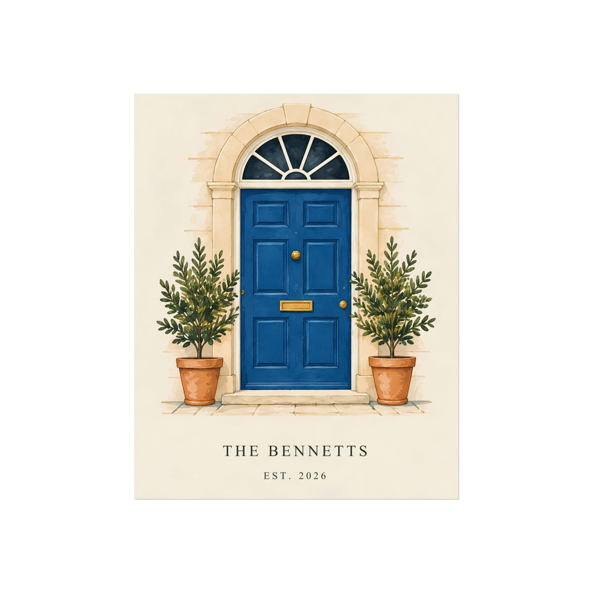 A blue front door with an arched fanlight and terracotta pots above example household wording; personalised matte art print with example wording