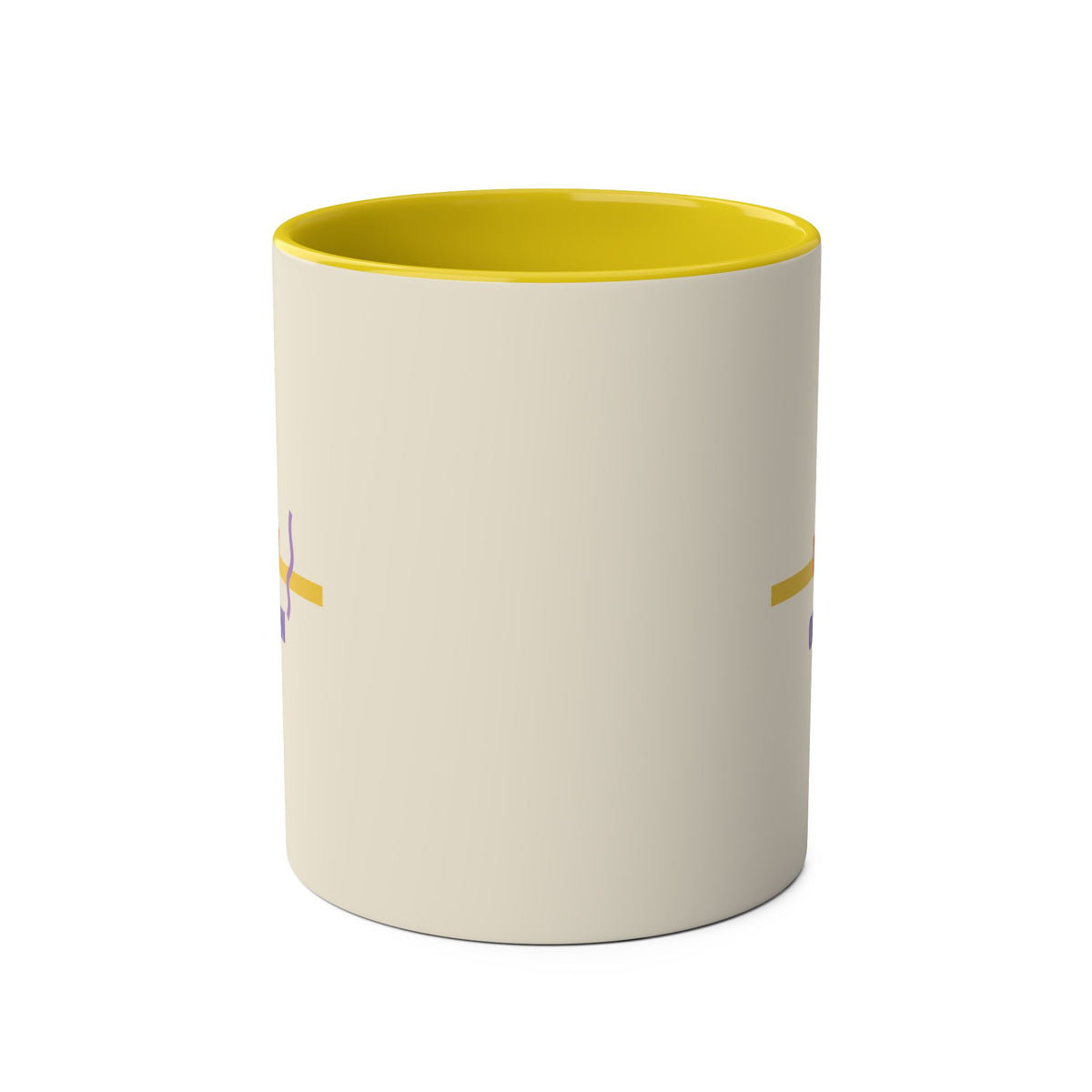 Front view of a cream ceramic mug with yellow interior; Off Duty On Brew artwork is positioned on the two side faces