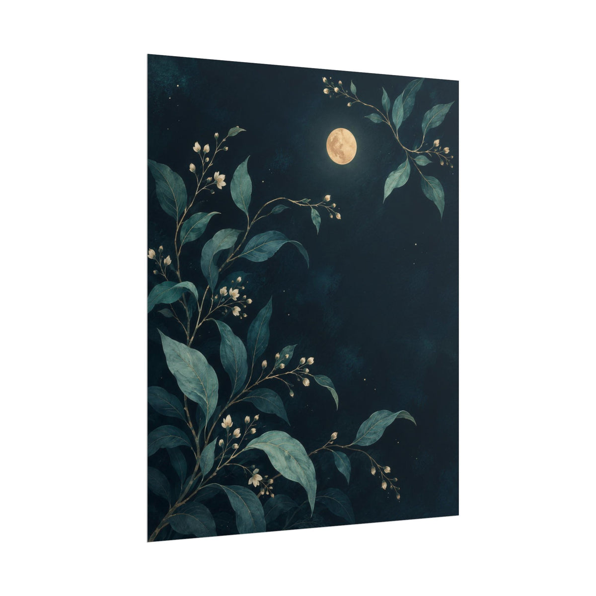 Night Garden art print by Cozy Prints UK: moonlit leafy branches and pale buds on a deep teal background.