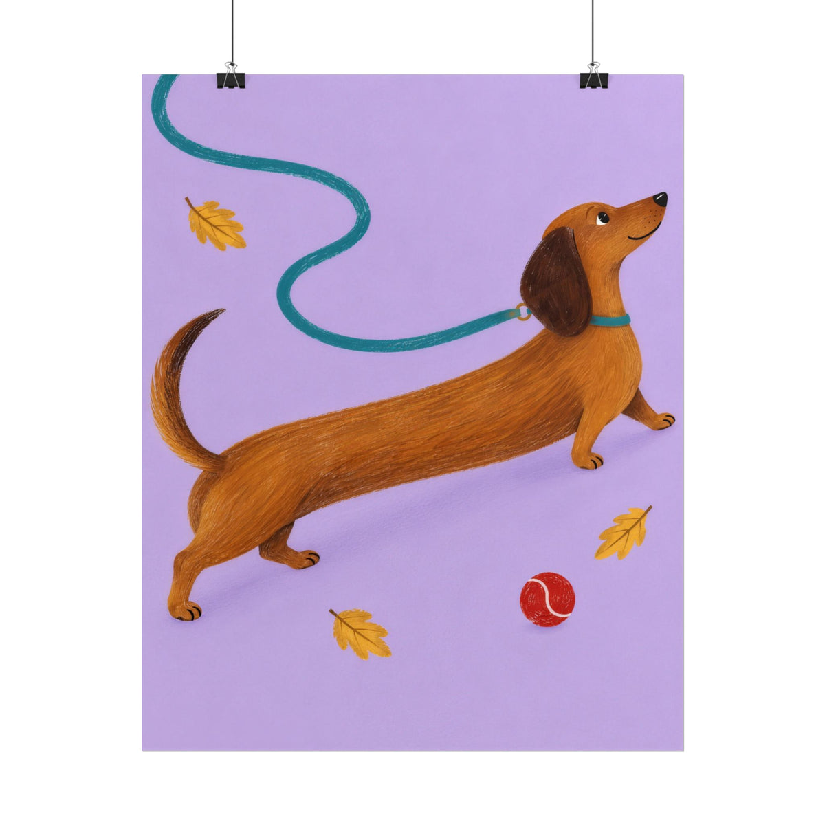 Long Dog, Big Day art print by Cozy Prints UK: caramel dachshund on lilac with a teal lead, yellow leaves and a red ball.
