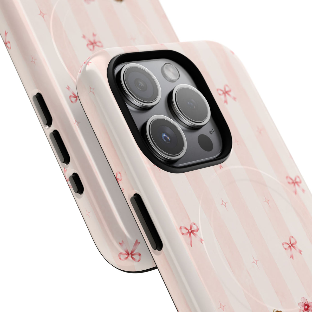 Close-up of a three-camera Dachshund and Flowers case showing the camera surround, side buttons and pink bow pattern.