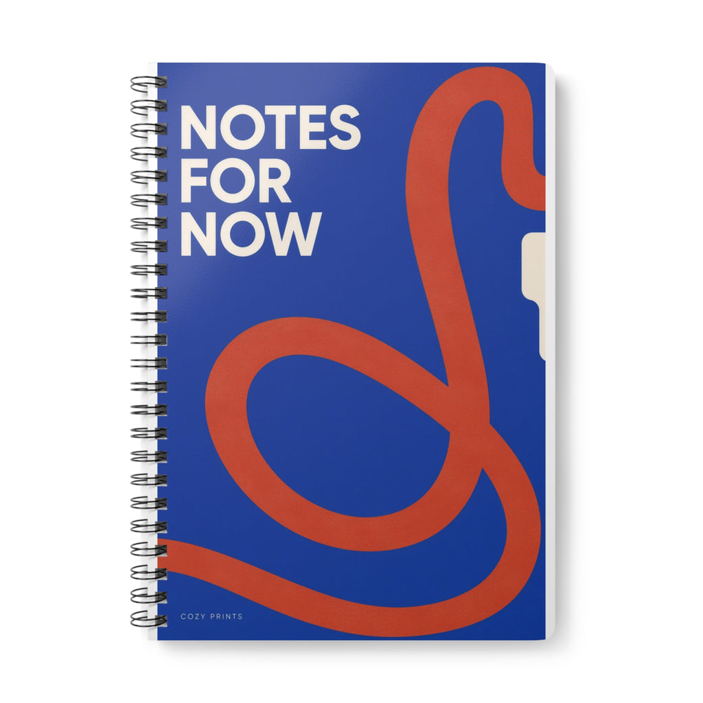 Notes for Now A5 notebook by Cozy Prints UK: cobalt cover with a rust loop and “NOTES FOR NOW” lettering.