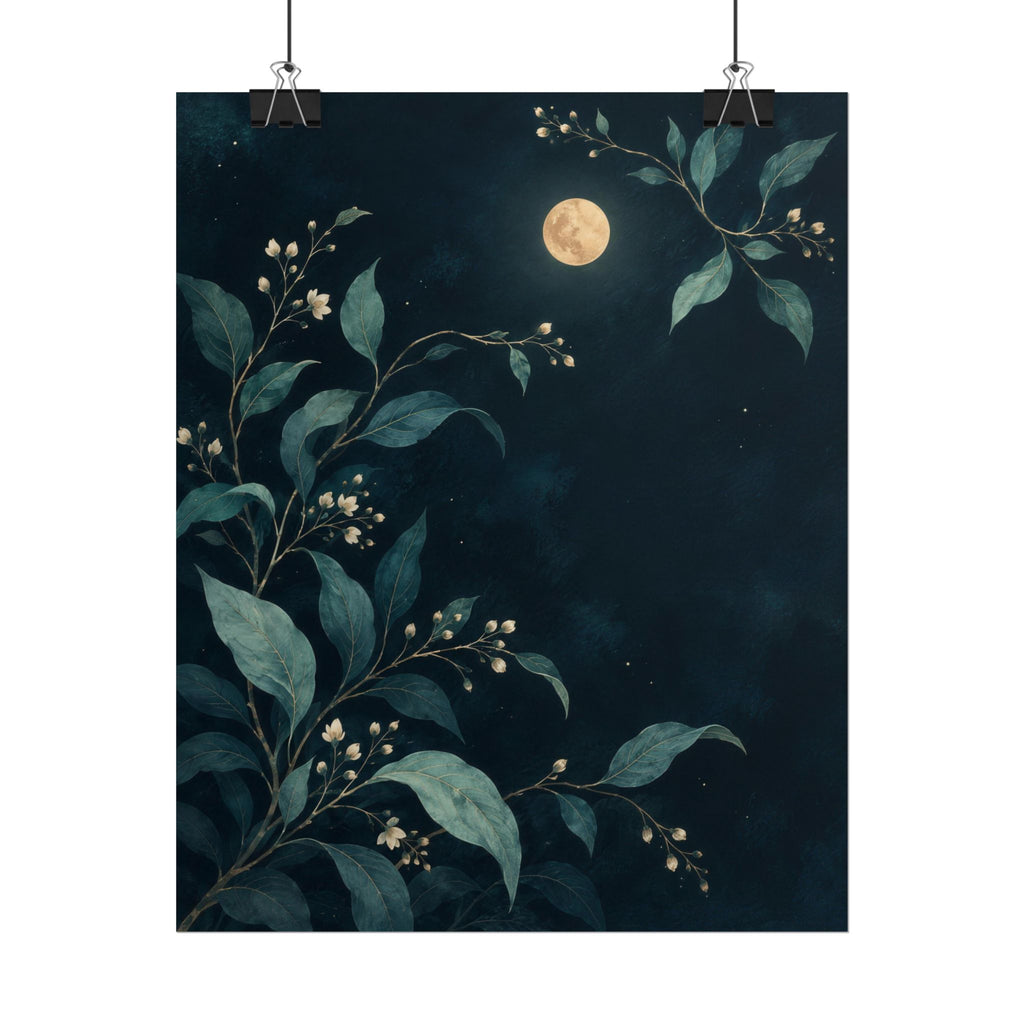 Night Garden art print by Cozy Prints UK: moonlit leafy branches and pale buds on a deep teal background.