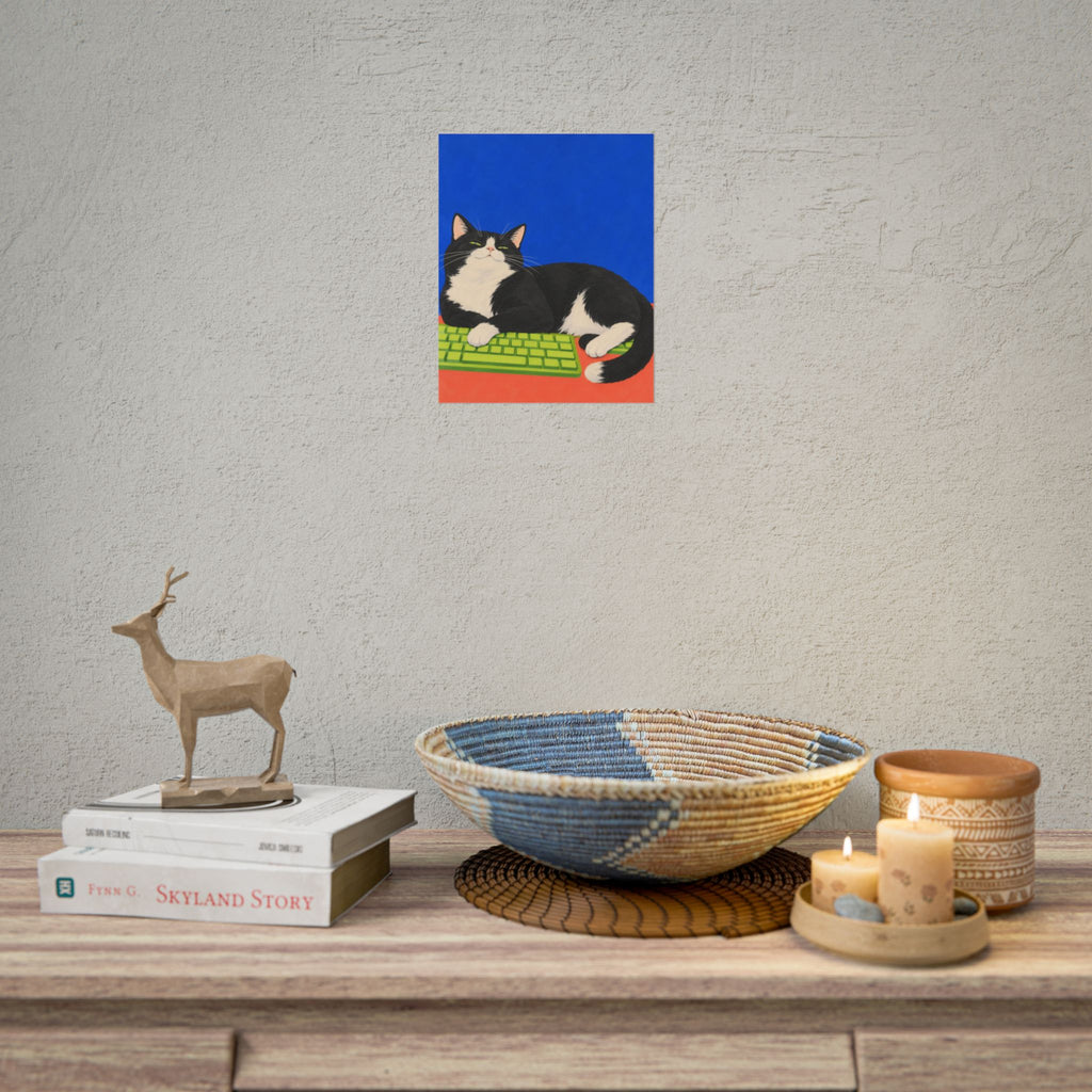 Desk Supervisor art print by Cozy Prints UK: black-and-white cat resting on a lime keyboard against cobalt blue.