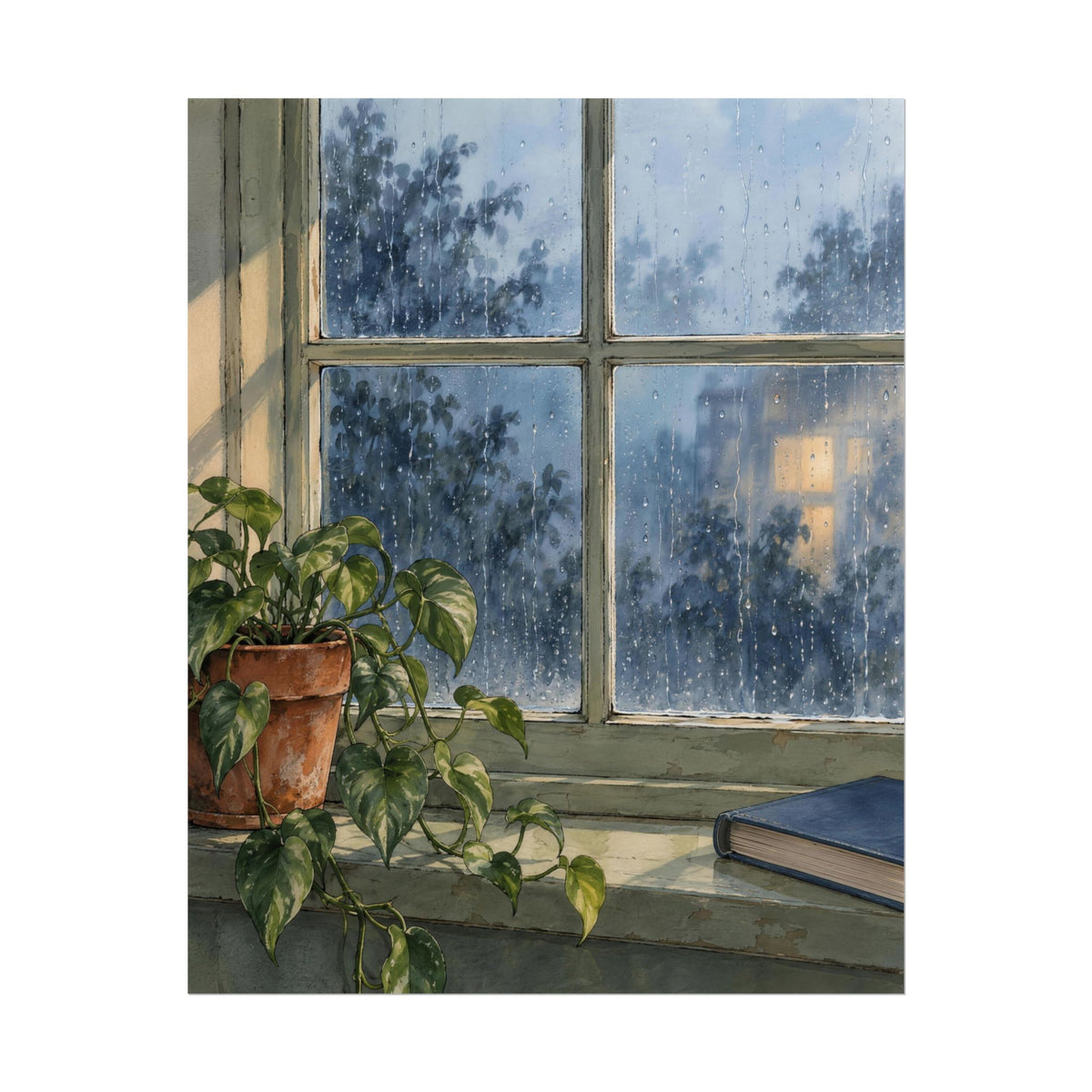 Rain at the Window art print by Cozy Prints UK, showing rain-speckled glass, a leafy plant and a blue book with a white surround.