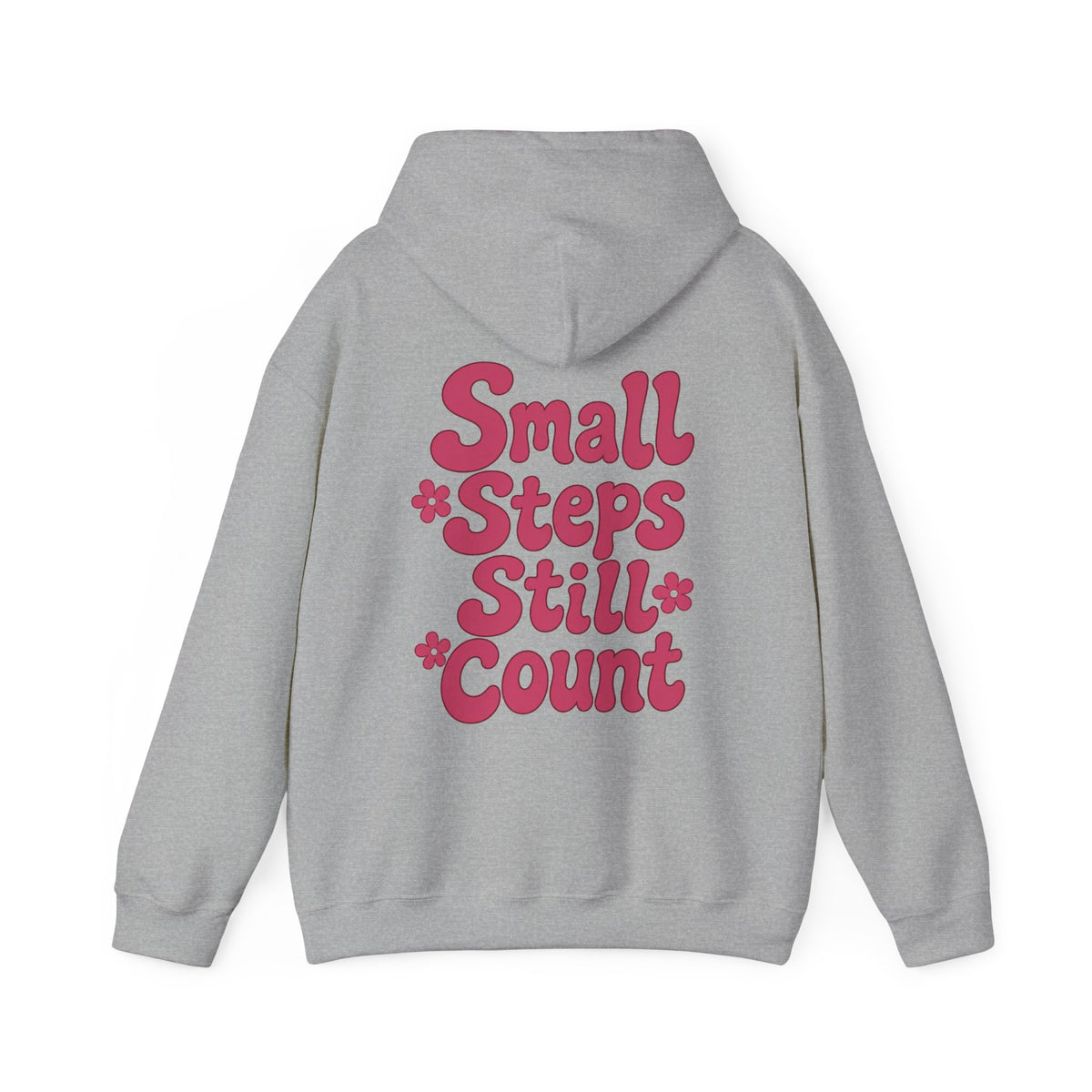 Back of sport grey hoodie with burgundy Small Steps Still Count floral print