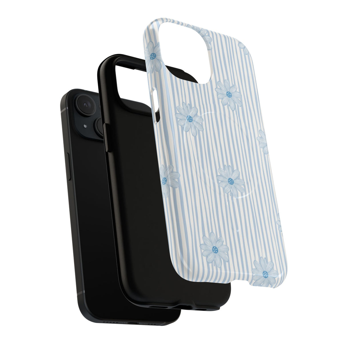 Exploded view of the Blue Ditsy Floral phone case showing the patterned outer shell, black inner layer and phone.