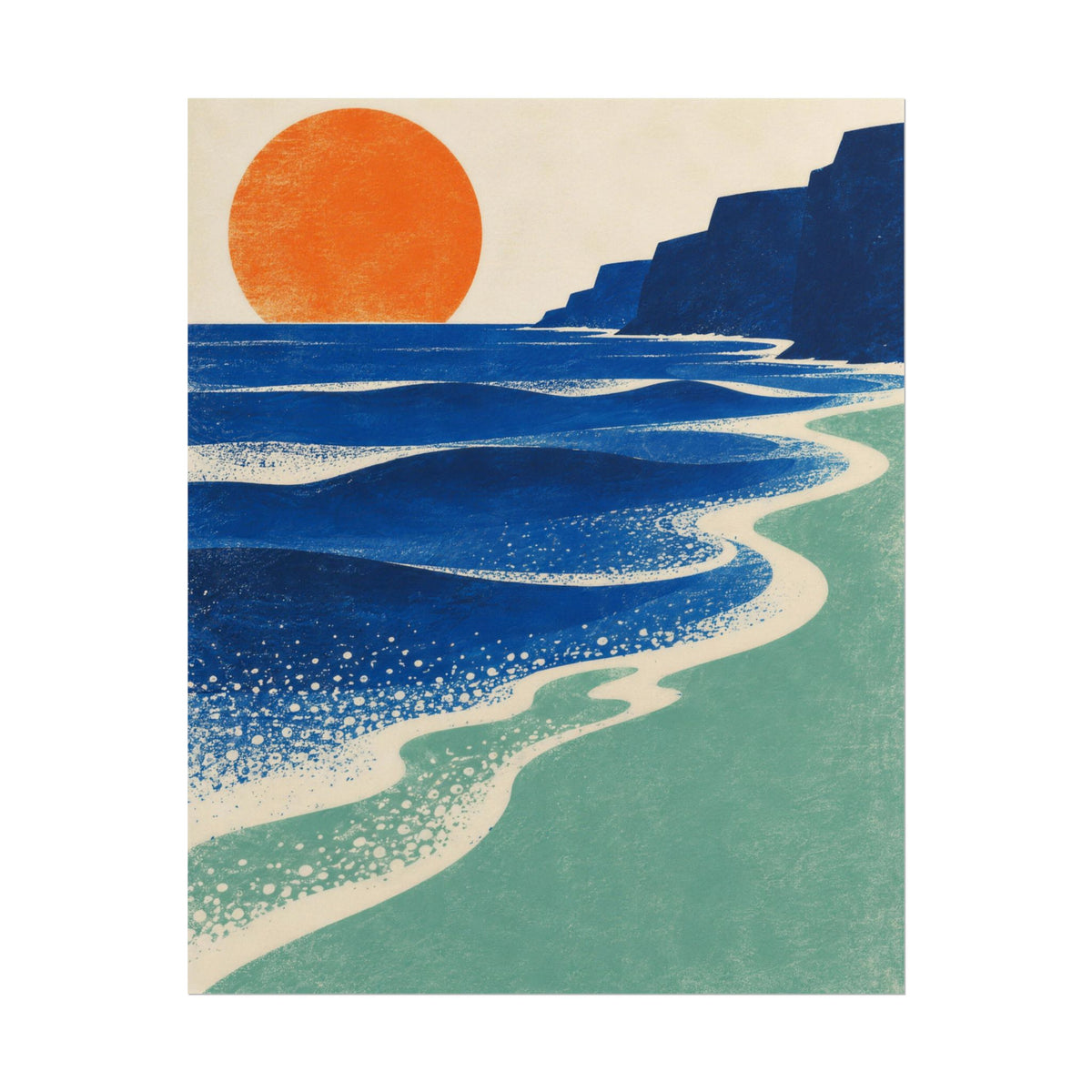 Sea Level art print by Cozy Prints UK: blue coastal sea bands, seafoam shore, dark cliff and orange sun.