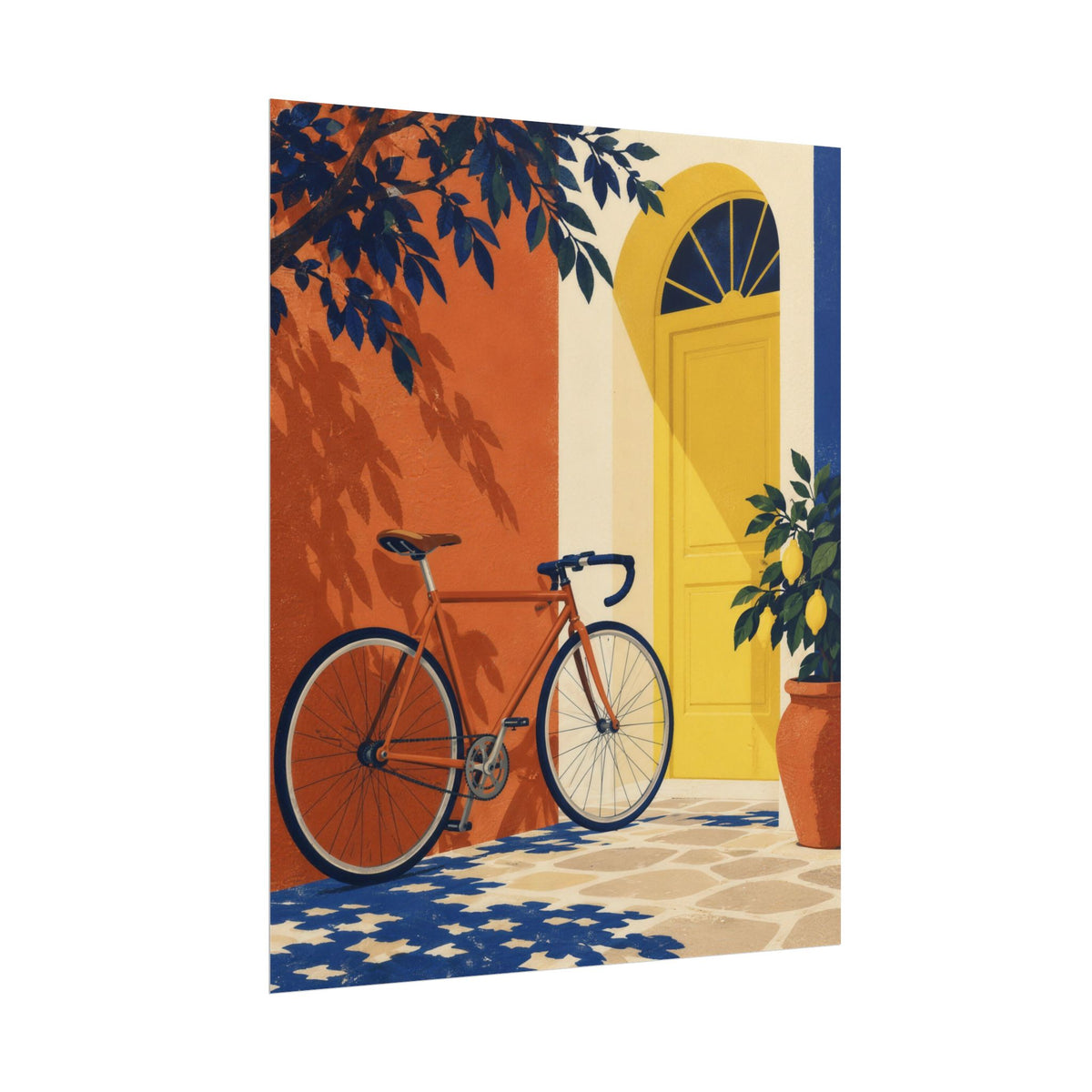 Pedal & Pause art print by Cozy Prints UK: bicycle beside a yellow doorway, terracotta wall and leafy plants.