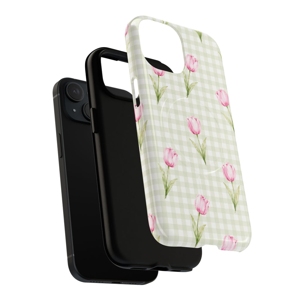 Exploded view of the Pink Tulip Gingham case showing the printed outer shell, black inner layer and phone.