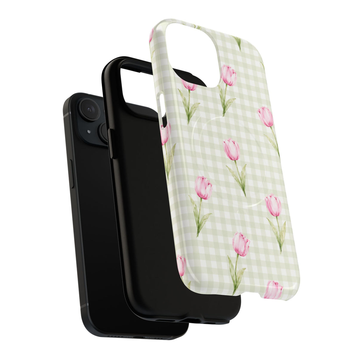 Exploded view of the Pink Tulip Gingham case showing the printed outer shell, black inner layer and phone.
