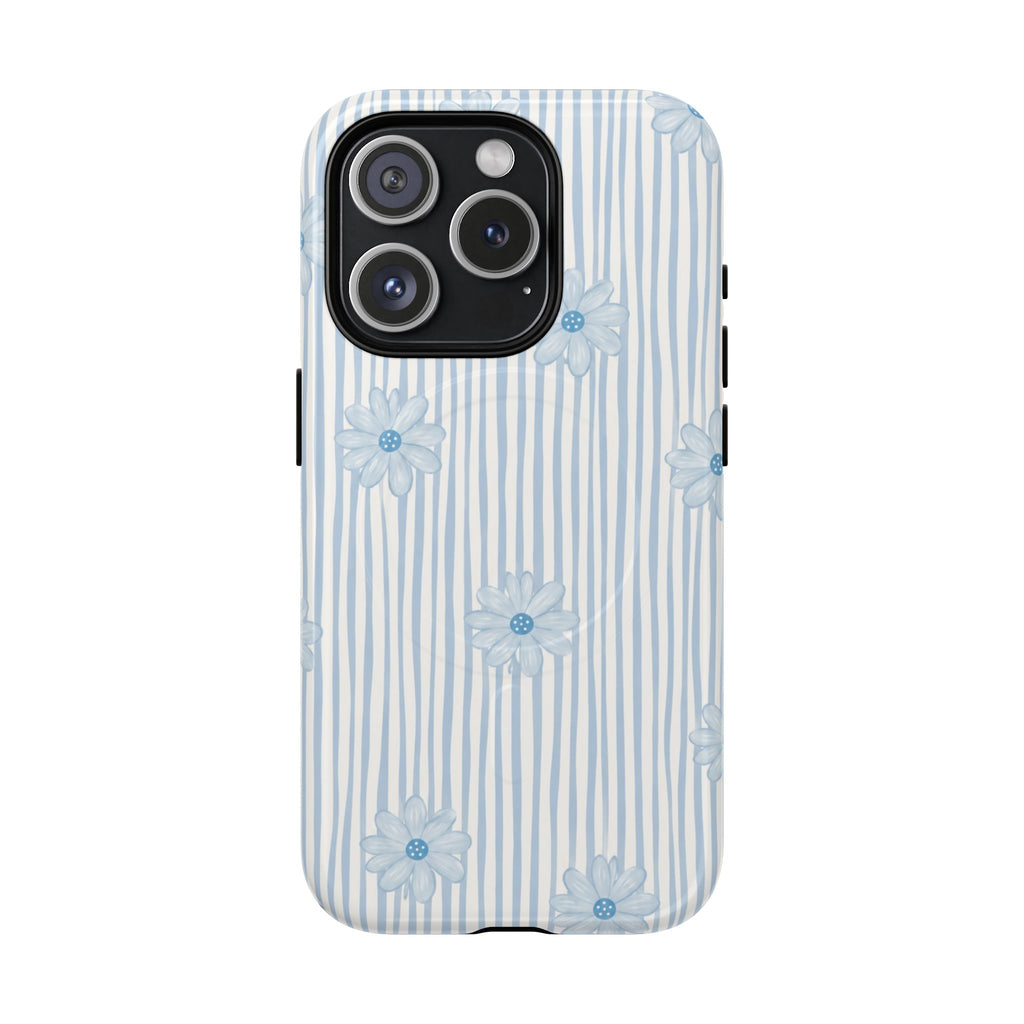 Rear view of a Blue Ditsy Floral case with a three-camera opening, pale blue daisies and fine vertical stripes.
