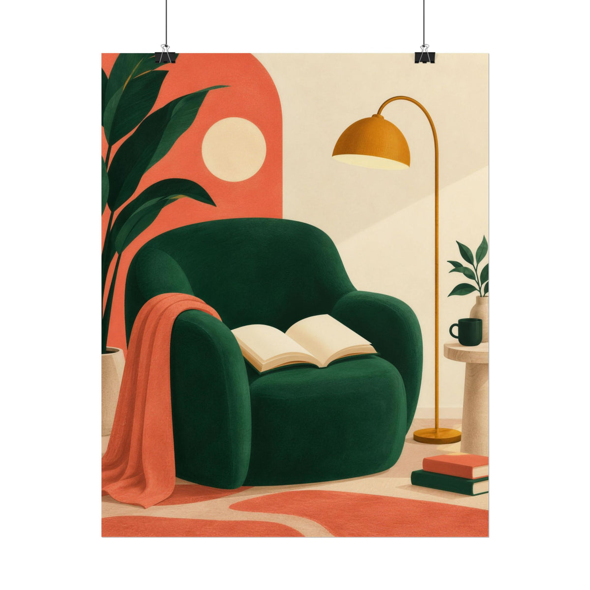 One More Chapter art print by Cozy Prints UK: emerald reading chair with an open book, ochre lamp and coral accents.