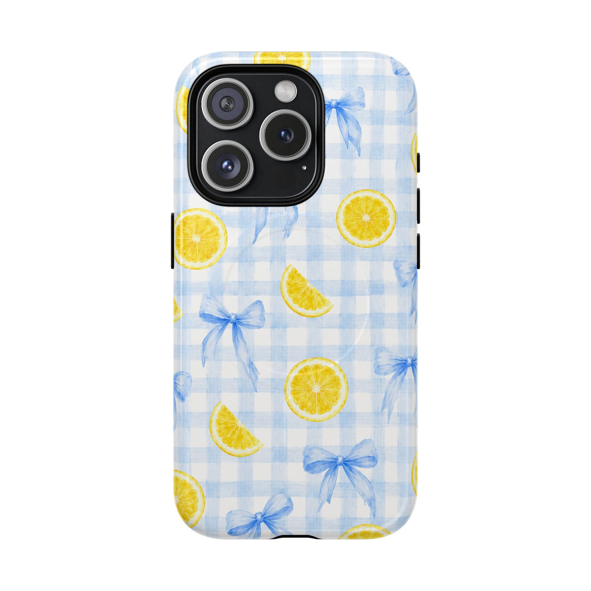 Rear view of the Lemon and Blue Bows case with a three-camera opening and yellow lemon slices on blue gingham.