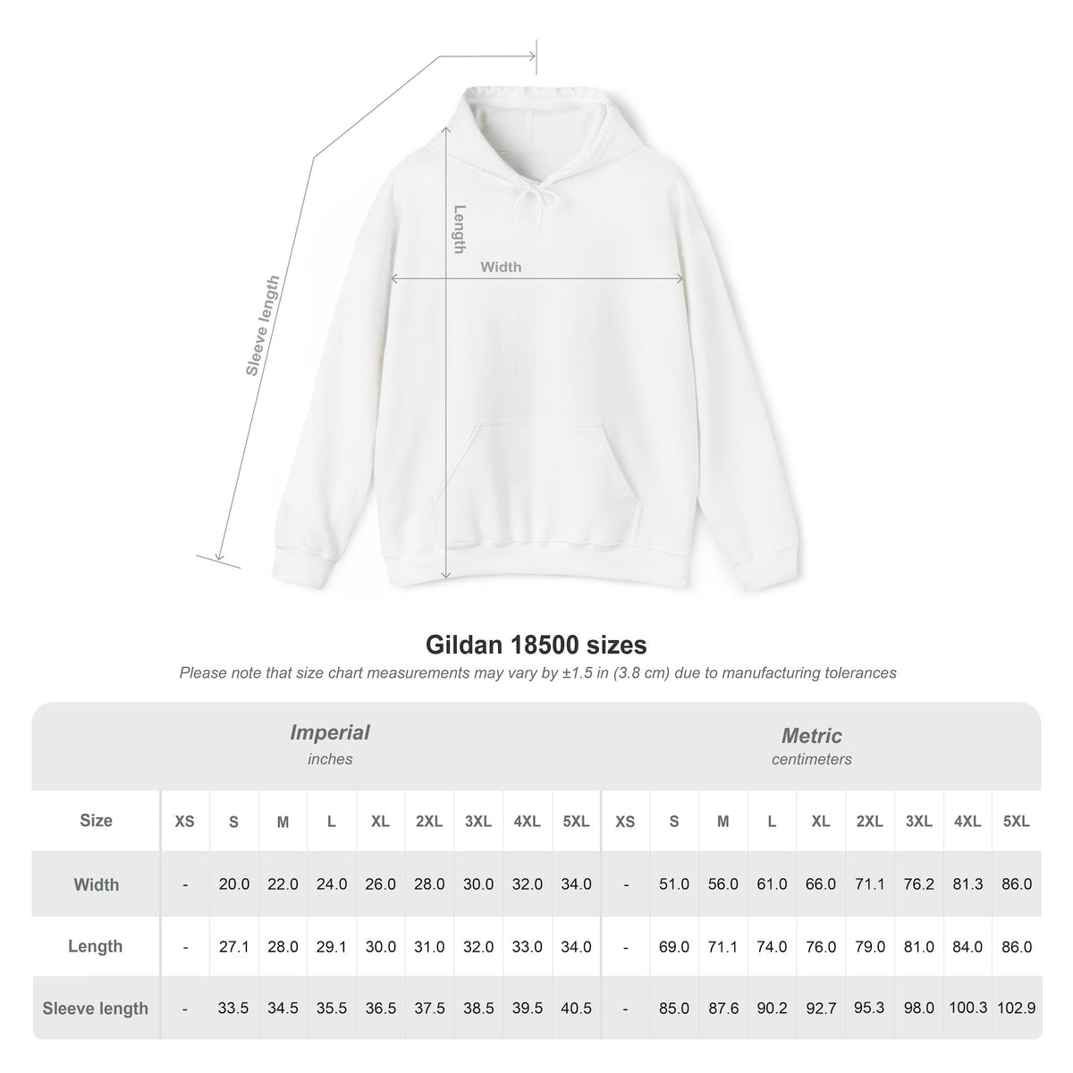 Gildan 18500 hoodie diagram: width is measured flat across the chest, length from shoulder to hem, and sleeve length from the centre back. Measurements are in the table below.