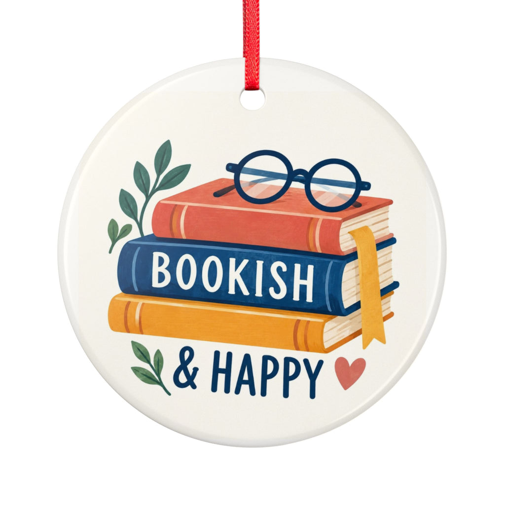 Round ceramic hanging ornament showing colourful book stack, blue reading glasses and Bookish & Happy lettering.