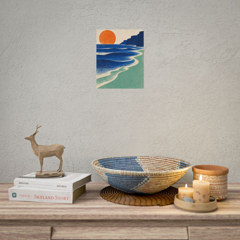 Sea Level art print by Cozy Prints UK: blue coastal sea bands, seafoam shore, dark cliff and orange sun.