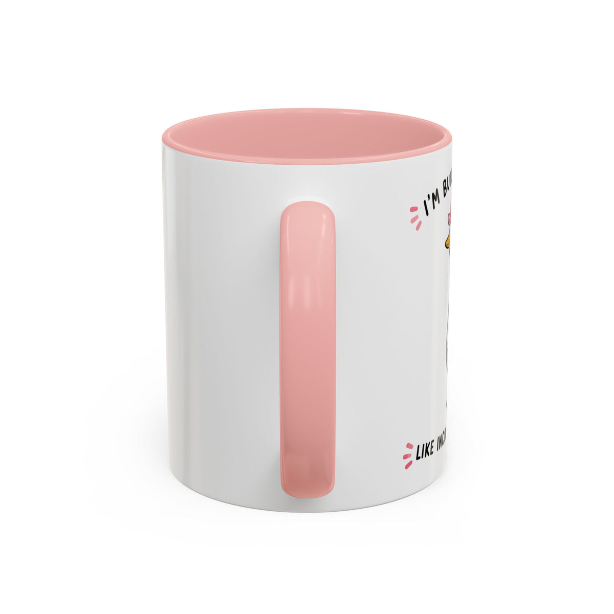 Side view of the pink Built Different duck mug showing the handle