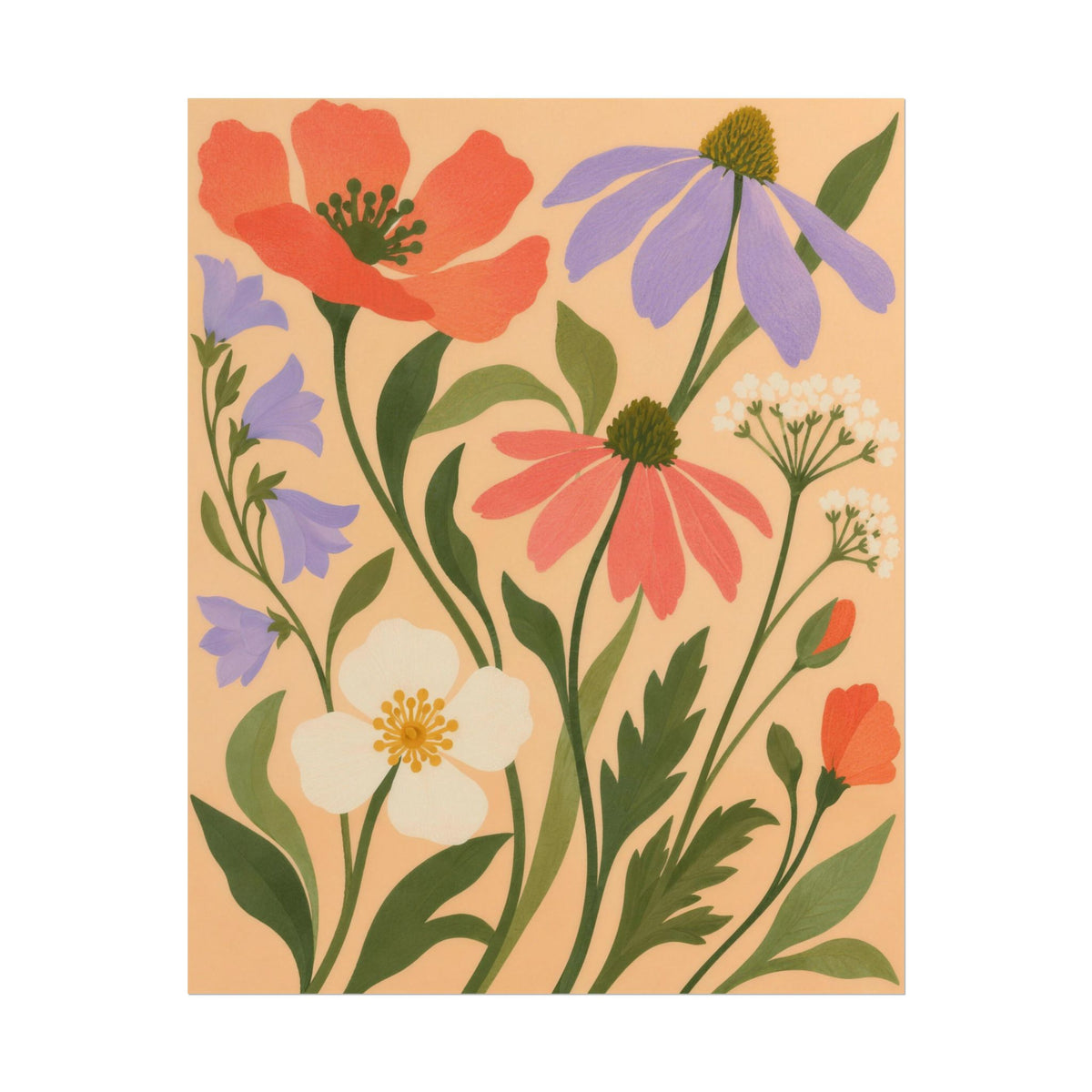 Pocket Meadow art print by Cozy Prints UK: coral and lilac wildflowers with green stems on an apricot background.
