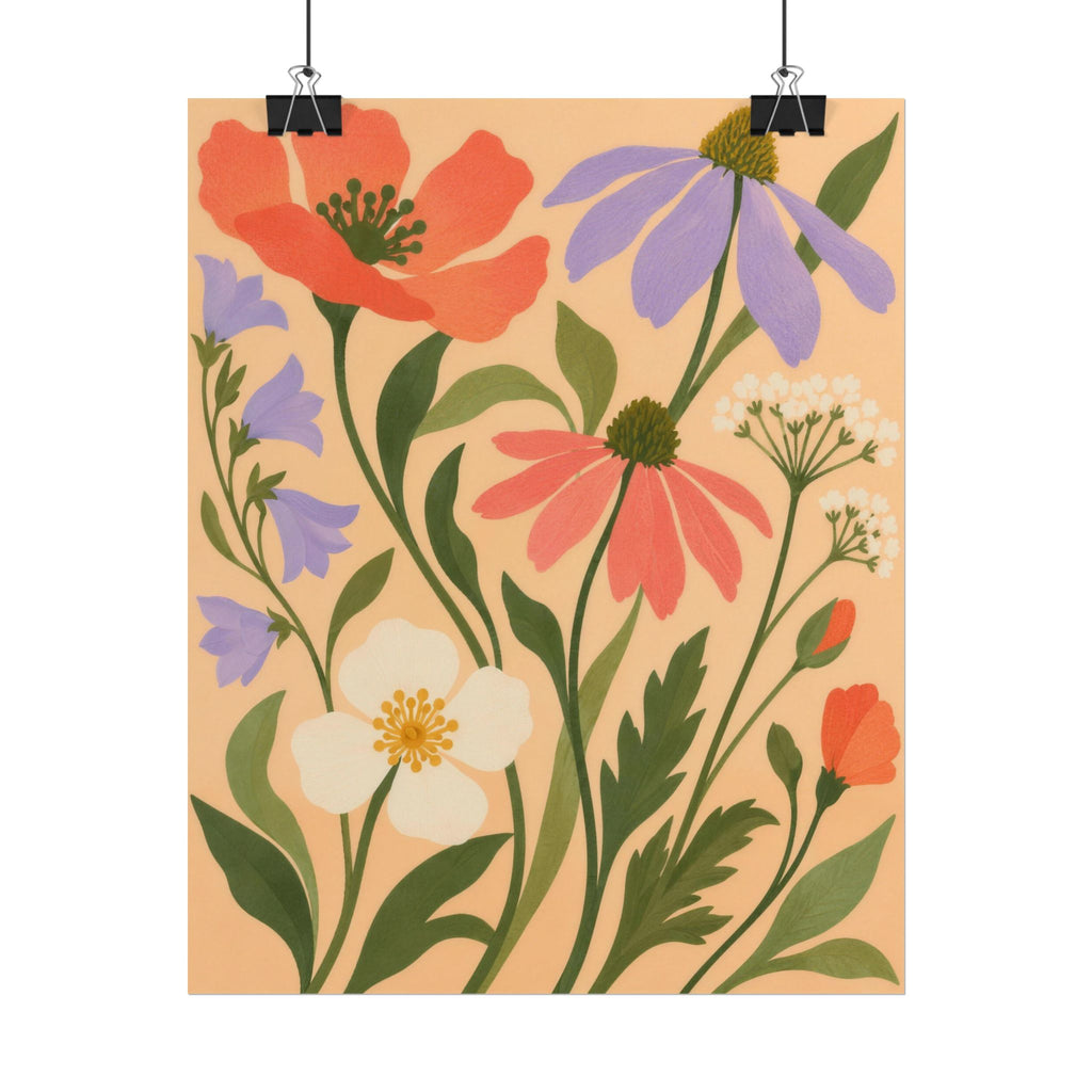 Pocket Meadow art print by Cozy Prints UK: coral and lilac wildflowers with green stems on an apricot background.