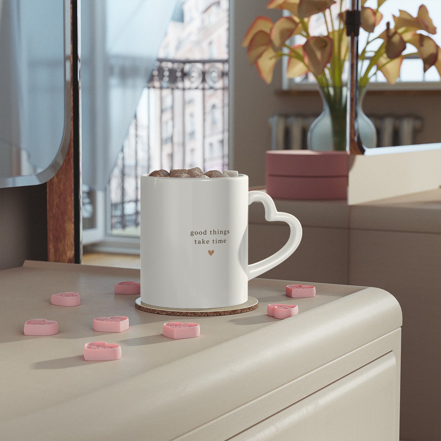 Good Things Take Time Heart Handle Mug