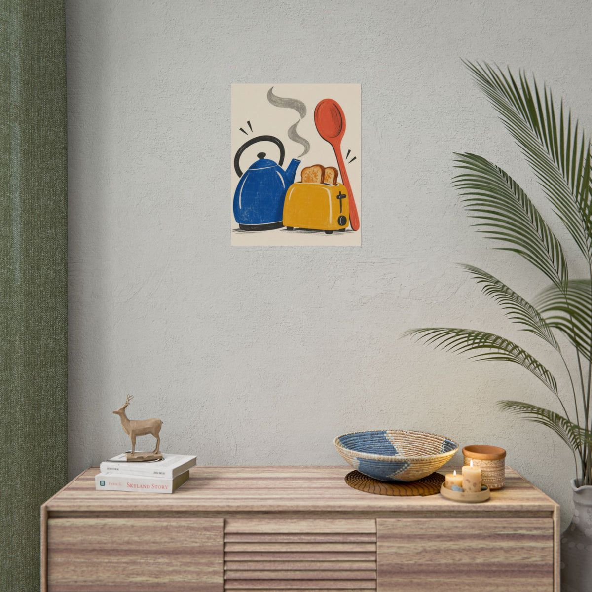 Kitchen Chorus art print by Cozy Prints UK: retro blue kettle, yellow toaster and coral spoon illustration.