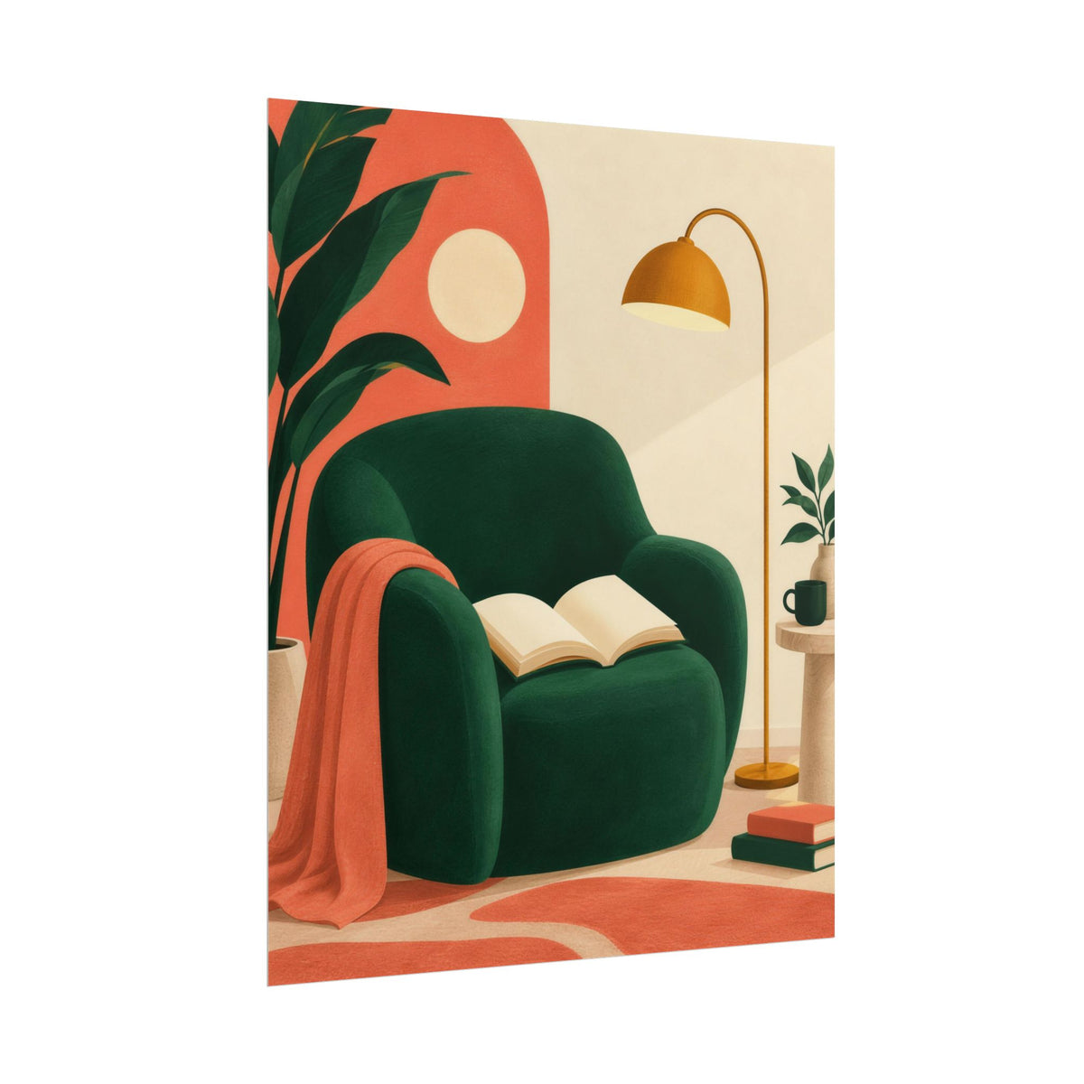 One More Chapter art print by Cozy Prints UK: emerald reading chair with an open book, ochre lamp and coral accents.