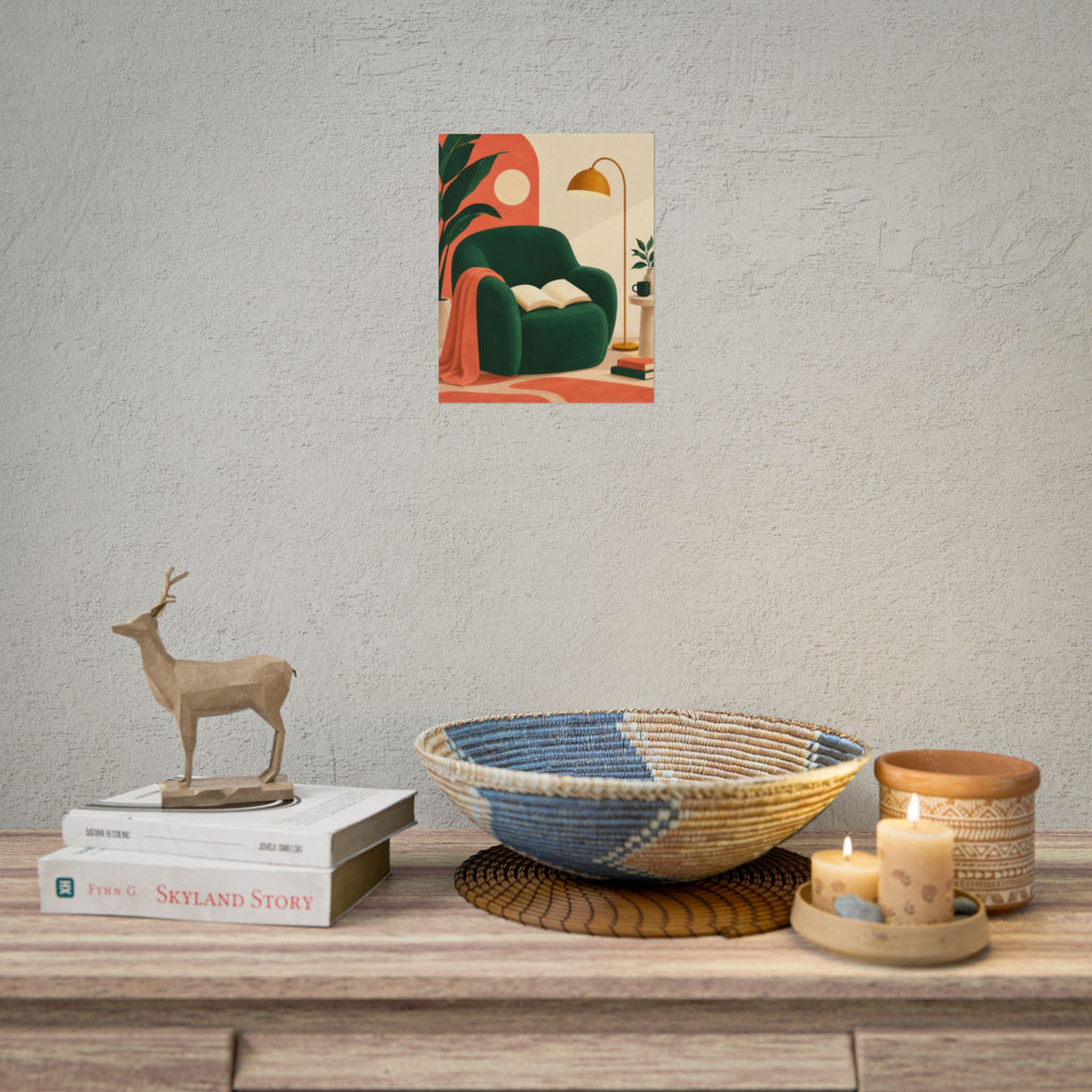 One More Chapter art print by Cozy Prints UK: emerald reading chair with an open book, ochre lamp and coral accents.