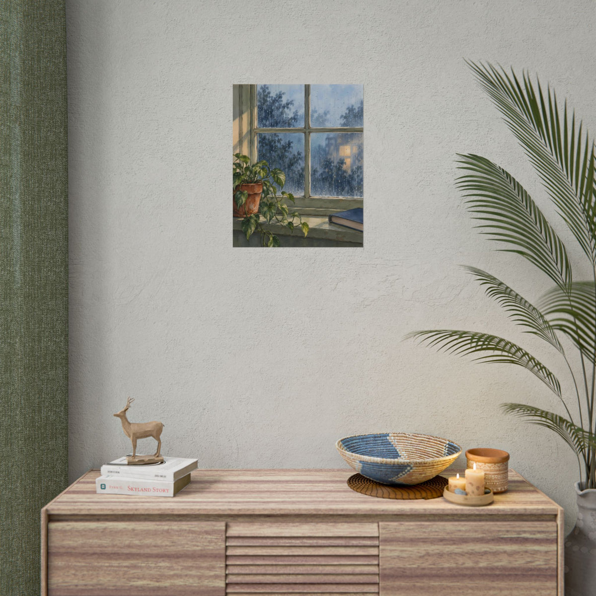 Rain at the Window art print by Cozy Prints UK, featuring rain-speckled glass, a leafy plant and a blue book in soft blue and sage tones.