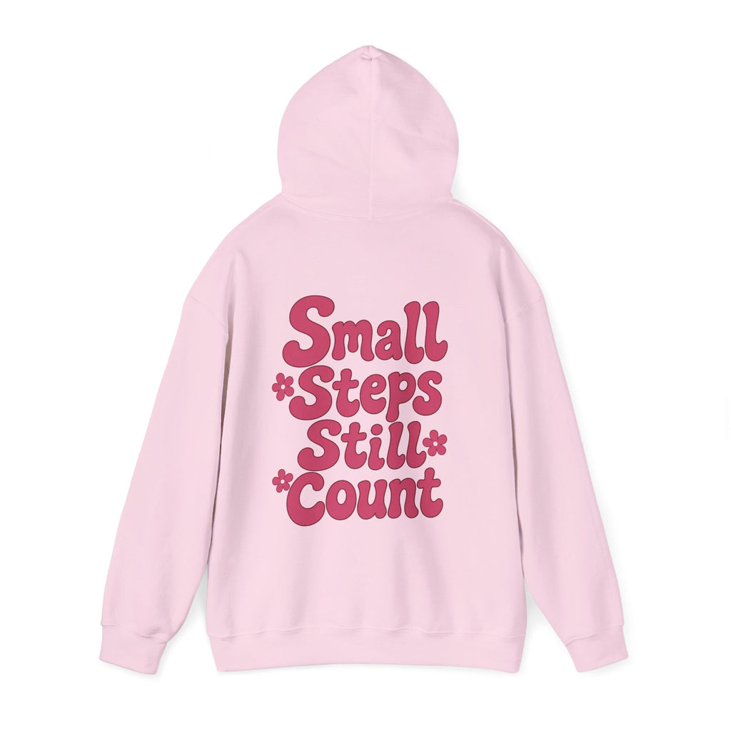 Full back view of light pink hoodie with burgundy Small Steps Still Count floral print