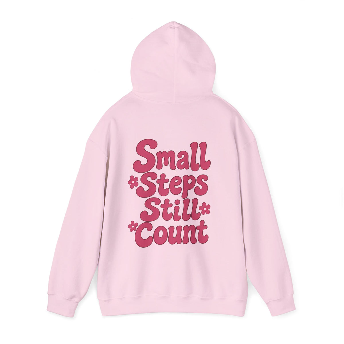 Full back view of light pink hoodie with burgundy Small Steps Still Count floral print