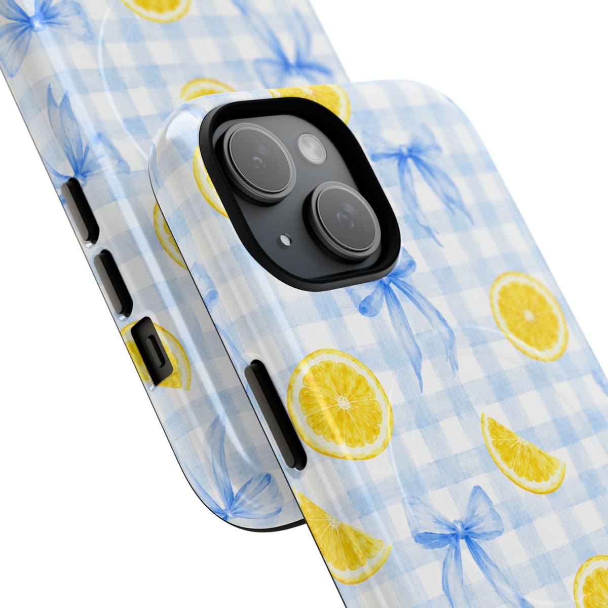 Close-up of two Lemon and Blue Bows cases showing lemon slices, gingham, camera surrounds and side buttons.