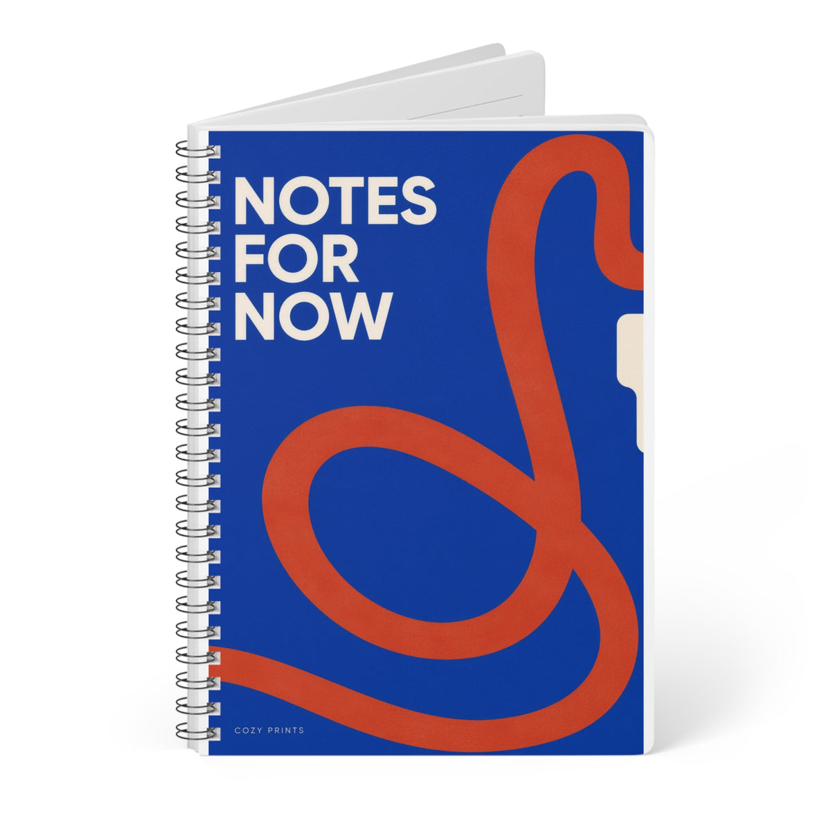 Angled view of Notes for Now A5 notebook by Cozy Prints UK, showing the illustrated front cover and black wire binding.