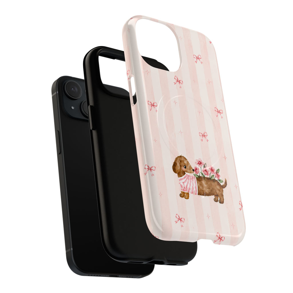 Exploded view of the Dachshund and Flowers case showing the dog-patterned outer shell, black inner layer and phone.