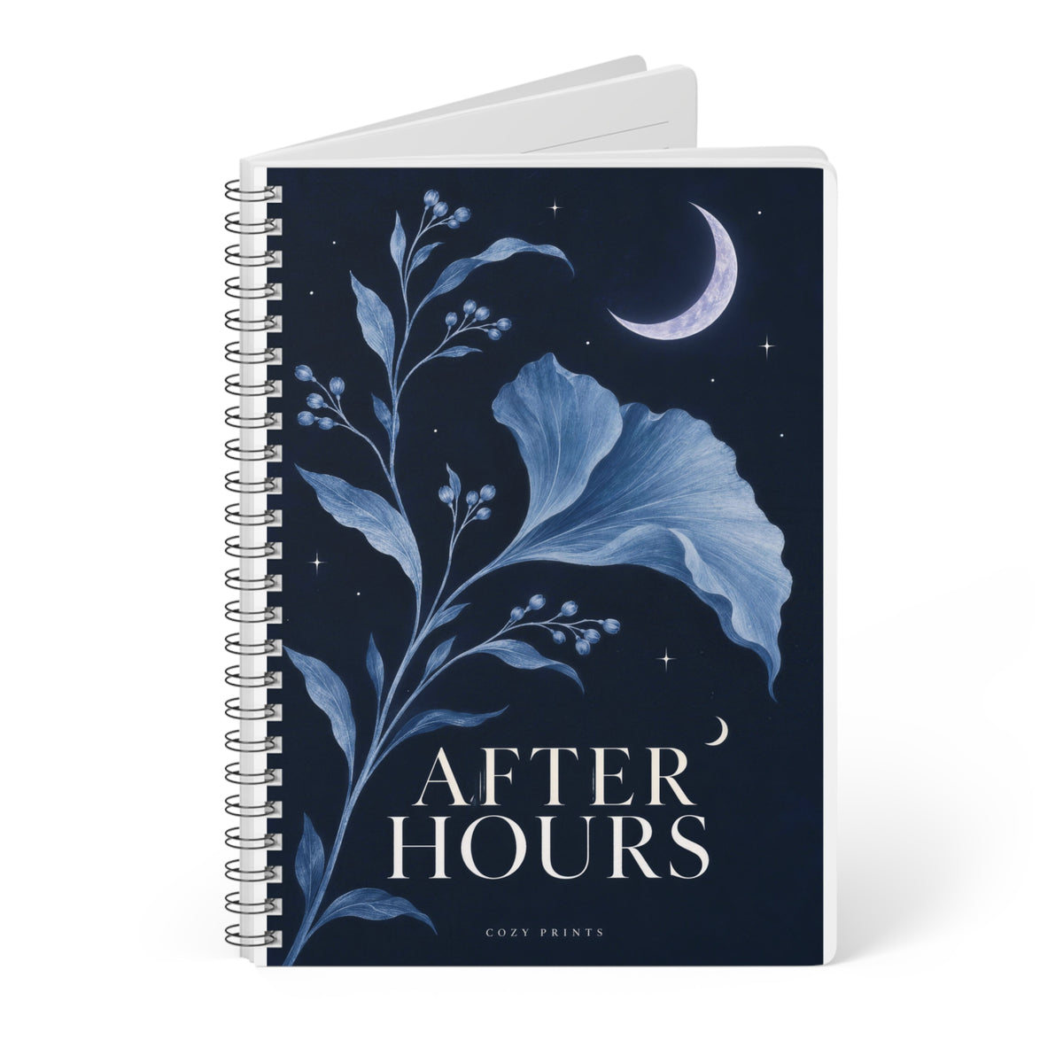 Angled view of After Hours A5 notebook by Cozy Prints UK, showing the illustrated front cover and black wire binding.