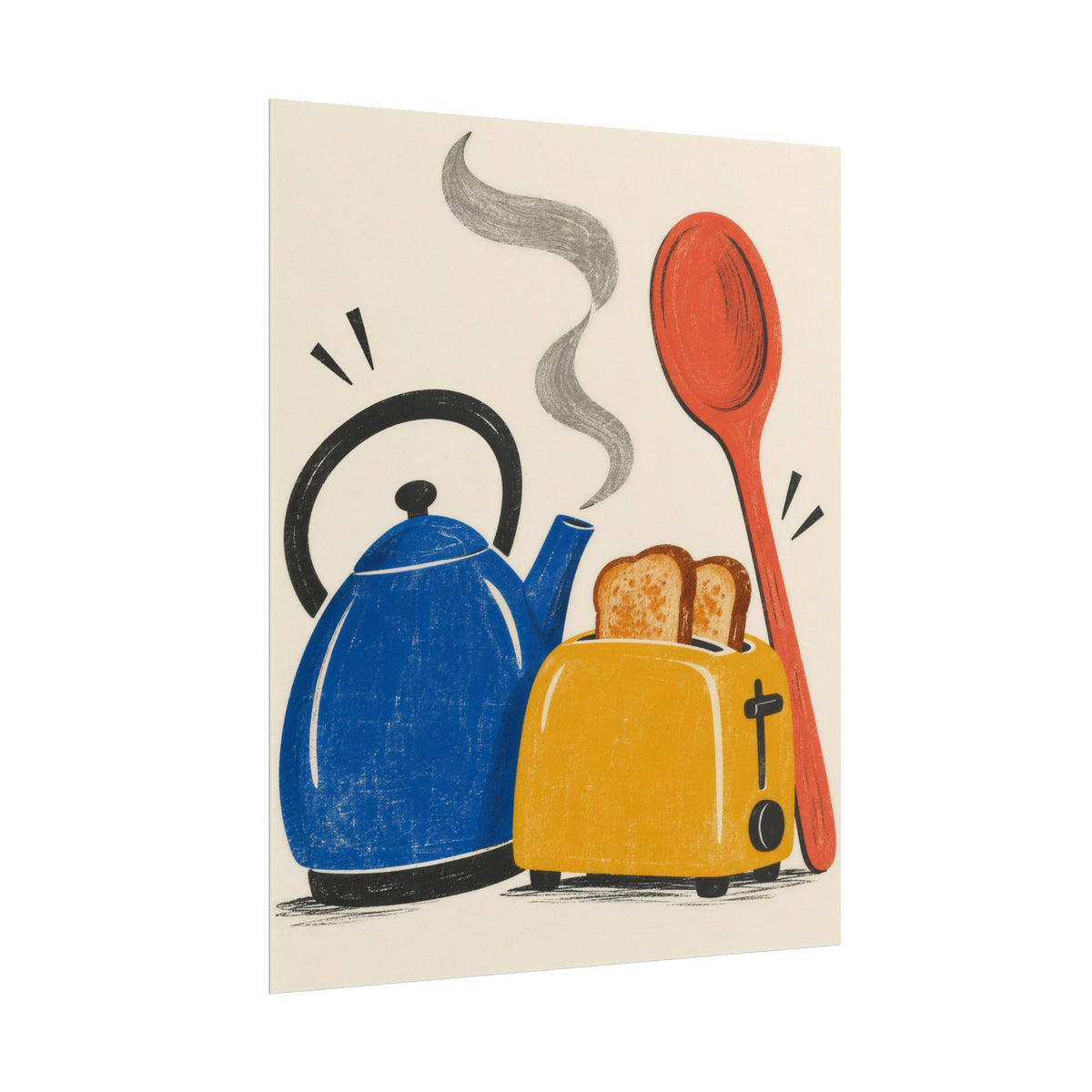 Kitchen Chorus art print by Cozy Prints UK: retro blue kettle, yellow toaster and coral spoon illustration.