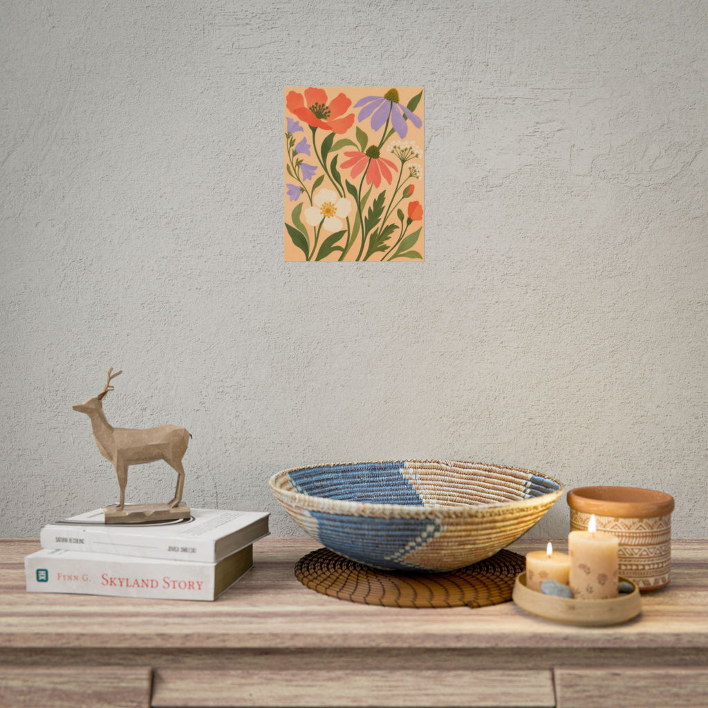 Pocket Meadow art print by Cozy Prints UK: coral and lilac wildflowers with green stems on an apricot background.
